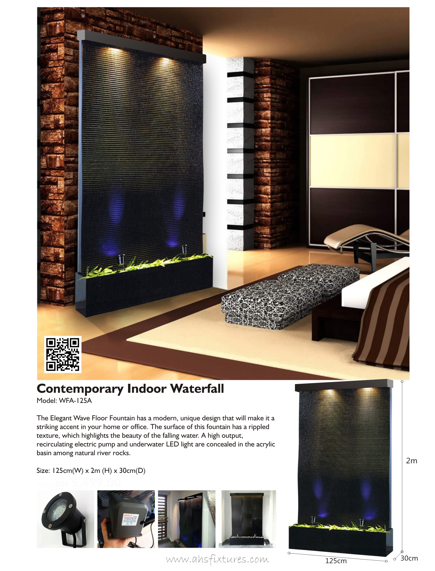WFA-125A Contemporary Indoor Waterfall Fountain With Top Cover 1250mm x 2000mm